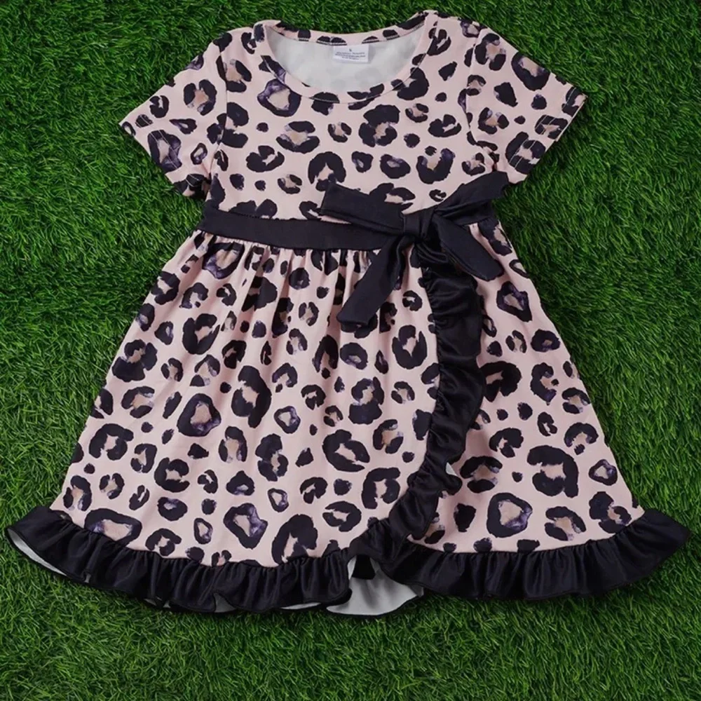 Pink and Black Animal Print Ruffle Short Sleeve Dress with Bow NWOT
